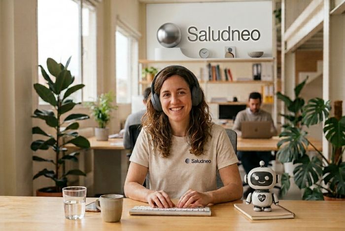 Asesora de Saludneo atendiendo una llamada